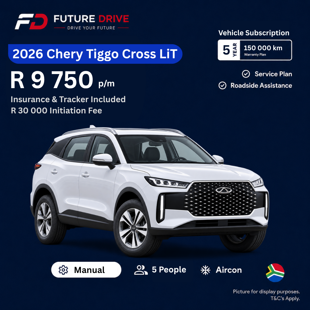 2026 Chery Tiggo Cross LiT, R9,750 per month with insurance and tracker included, R30,000 initiation fee. Gauteng only.