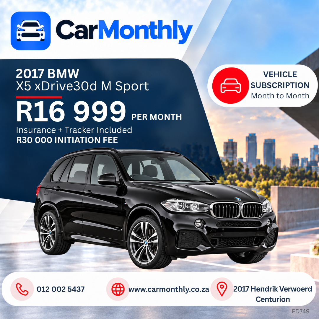 BMW X5 xDrive 30d M Sport, R16,999 per month with insurance and tracker included, R30,000 initiation fee. Gauteng only.