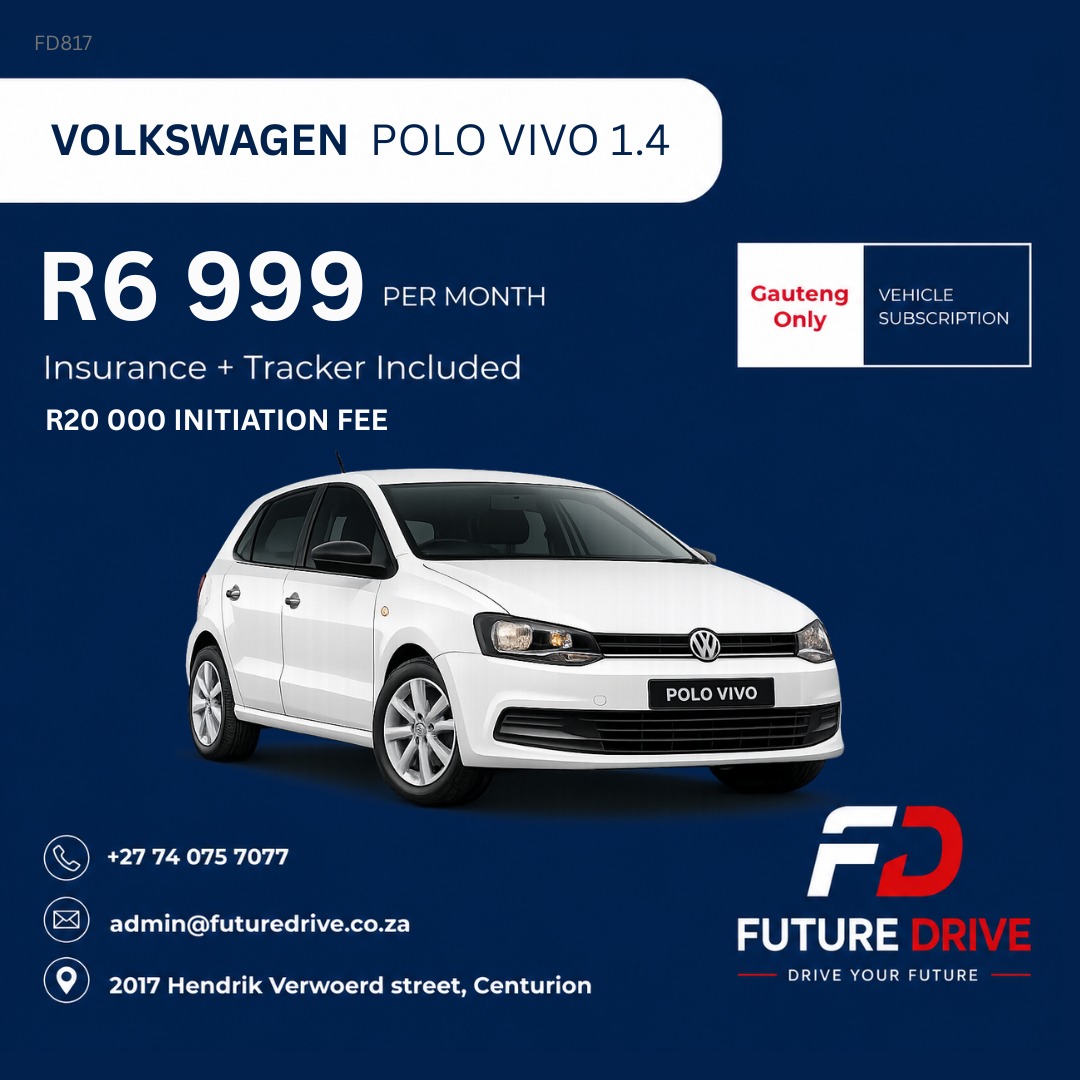 Volkswagen Polo Vivo 1.4, R6,999 per month with insurance and tracker included. Our most popular car. Gauteng only.
