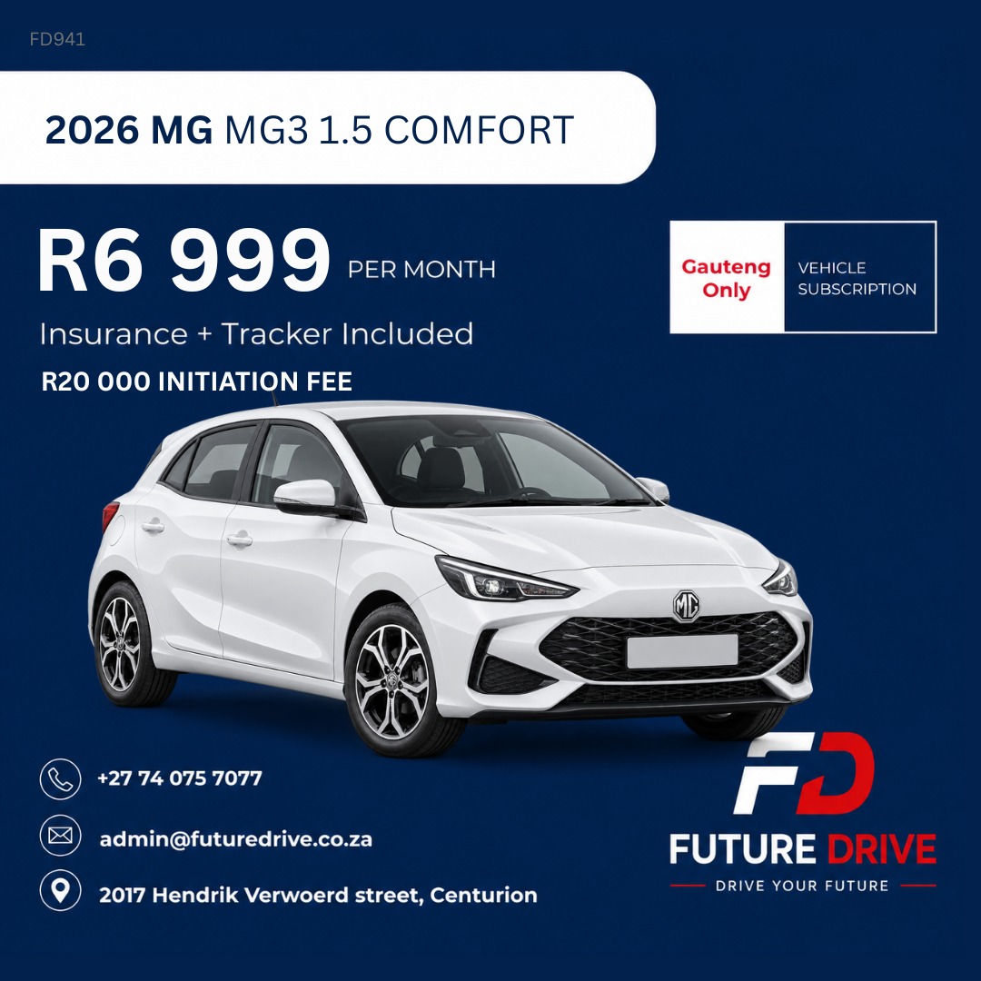 MG3 1.5 Comfort, R6,999 per month with insurance and tracker included, R20,000 initiation fee. Our most popular car. Gauteng only.