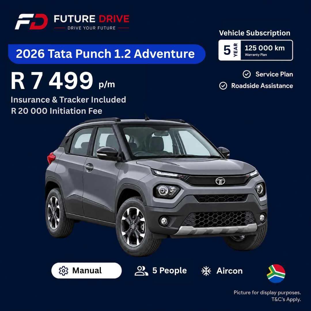 2026 Tata Punch 1.2 Adventure, R7,499 per month with insurance and tracker included, R20,000 initiation fee. Gauteng only.