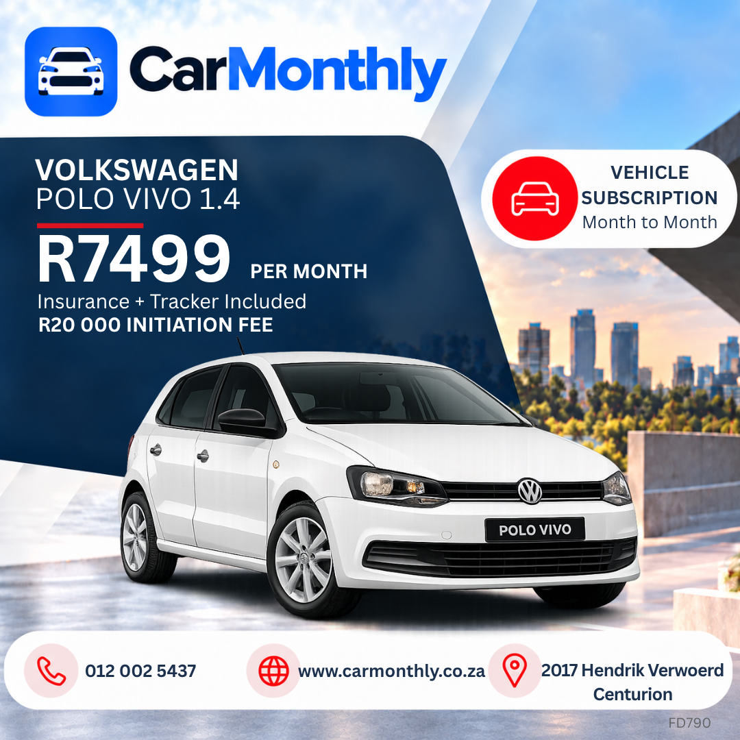 Volkswagen Polo Vivo 1.4, R7,499 per month with insurance and tracker included, R20,000 initiation fee. Gauteng only.