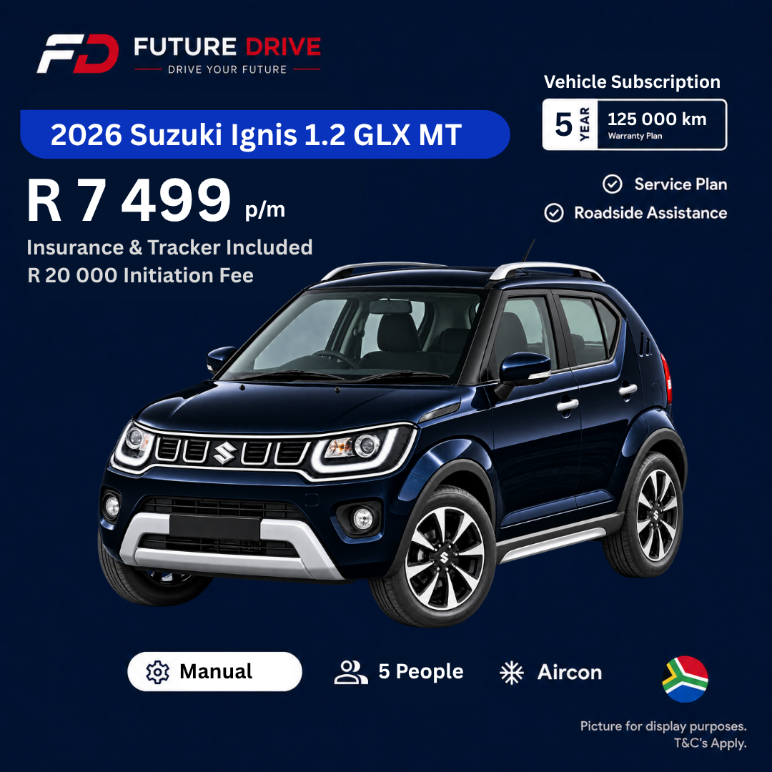 2026 Suzuki Ignis 1.2 GLX MT, R7,499 per month with insurance and tracker included, R20,000 initiation fee. Gauteng only.