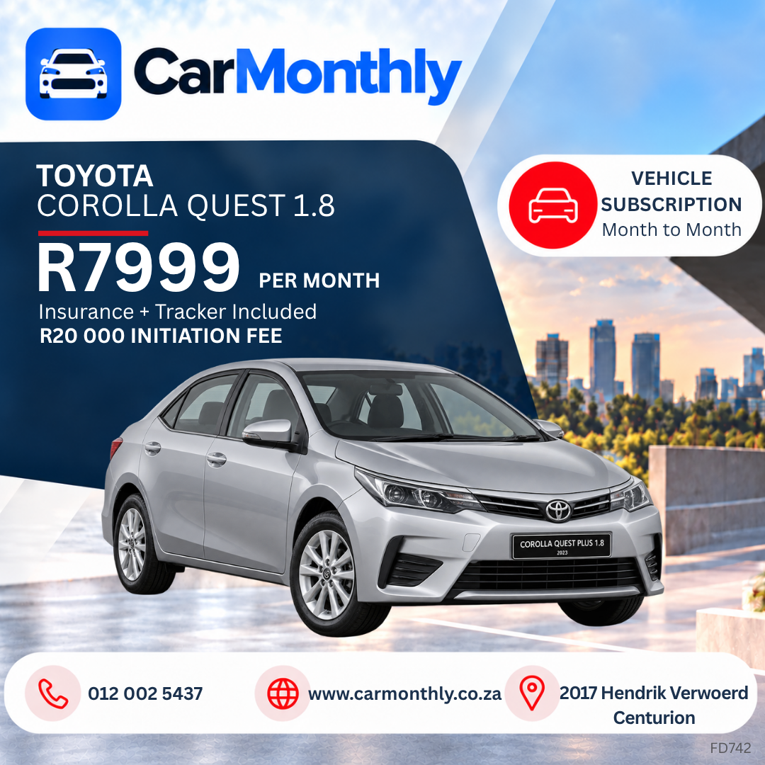 Toyota Corolla Quest 1.8, R7,999 per month with insurance and tracker included, R20,000 initiation fee. Gauteng only.