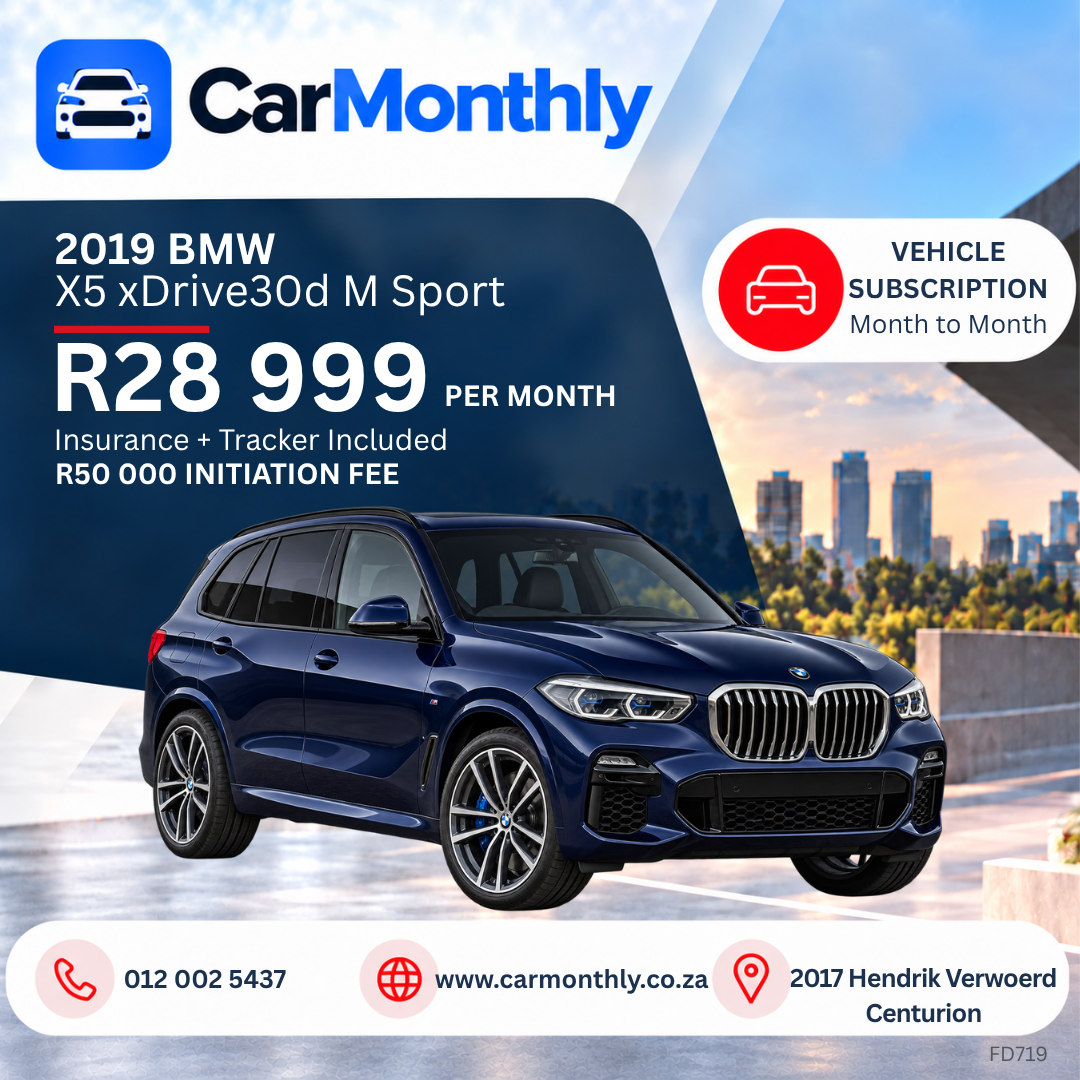 BMW X5 xDrive30d M Sport, R28,999 per month with insurance and tracker included, R50,000 initiation fee. Gauteng only.